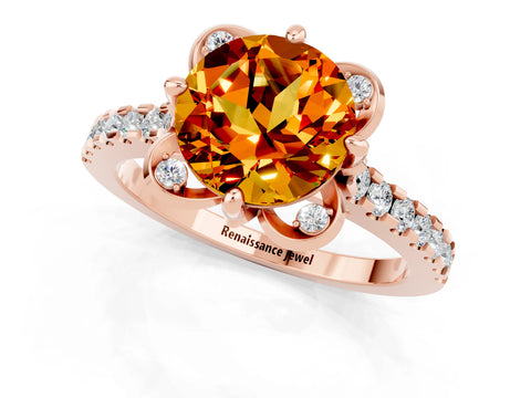 Rose gold Round Cut Citrine Ring with Pavé Band and Floral Prong Setting_1