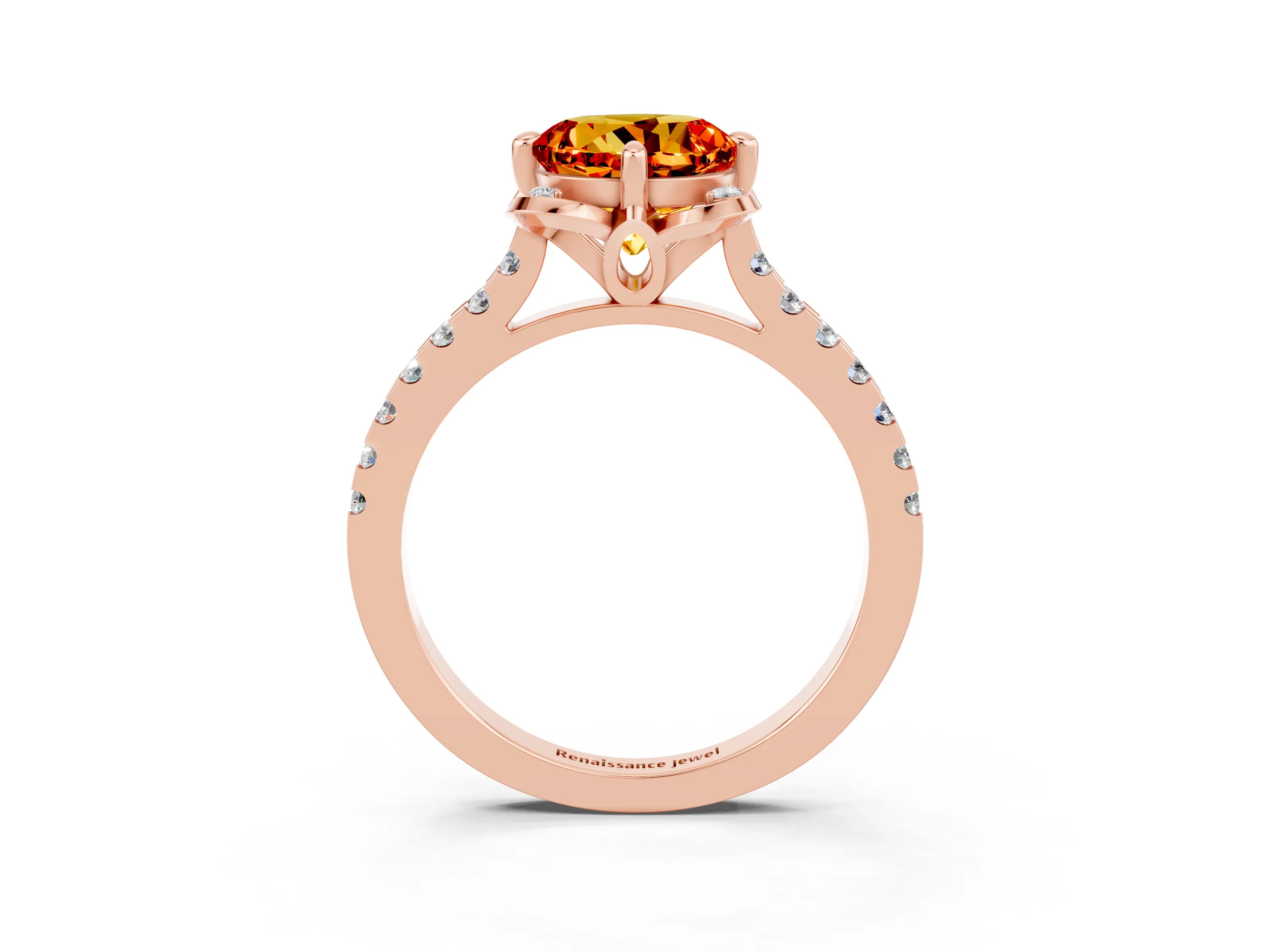 Rose gold Round Cut Citrine Ring with Pavé Band and Floral Prong Setting_3