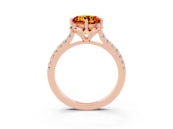 Rose gold Round Cut Citrine Ring with Pavé Band and Floral Prong Setting