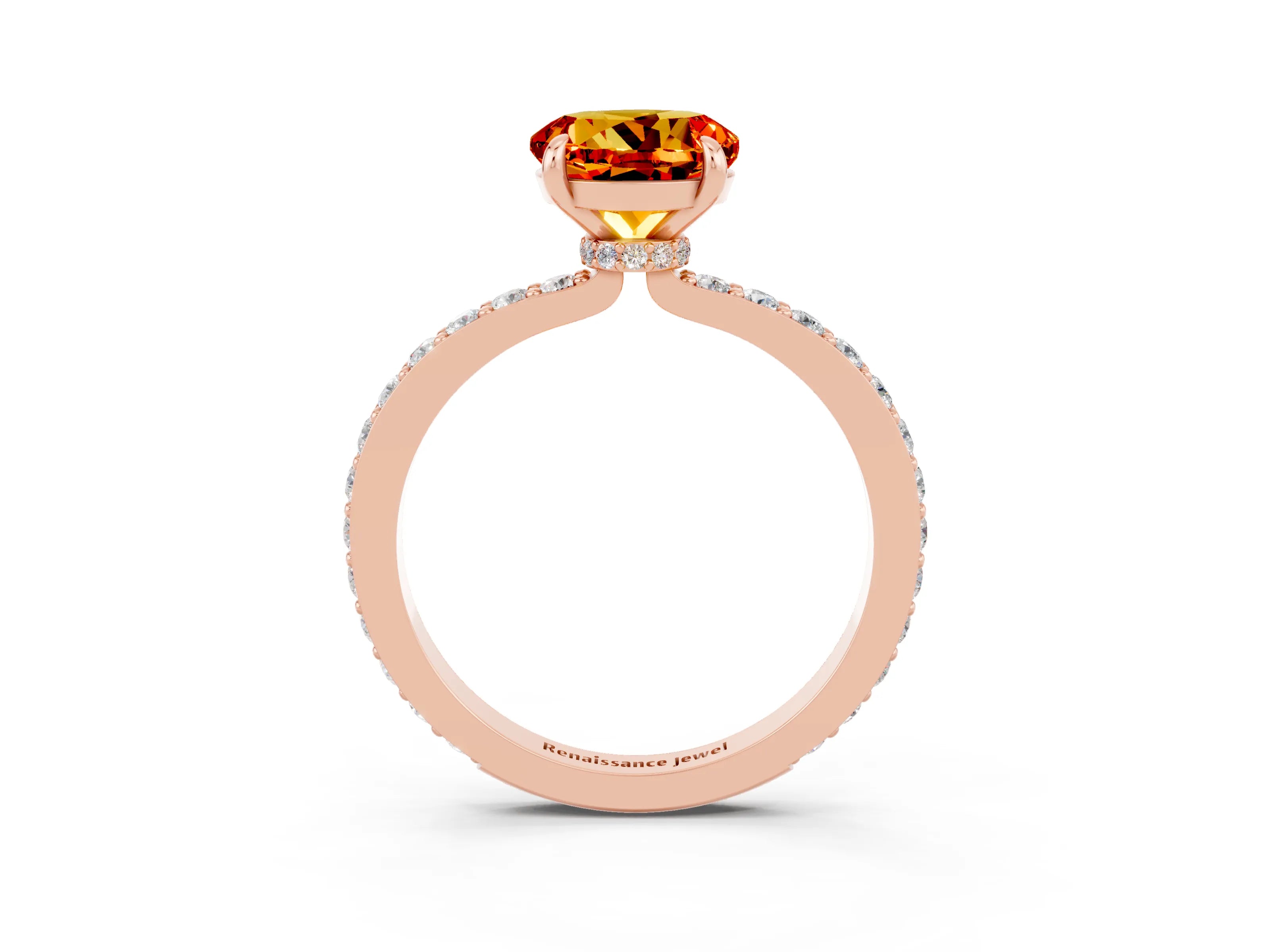 Rose gold Round Cut Citrine Ring with Pavé Band and Four-Prong Setting_3