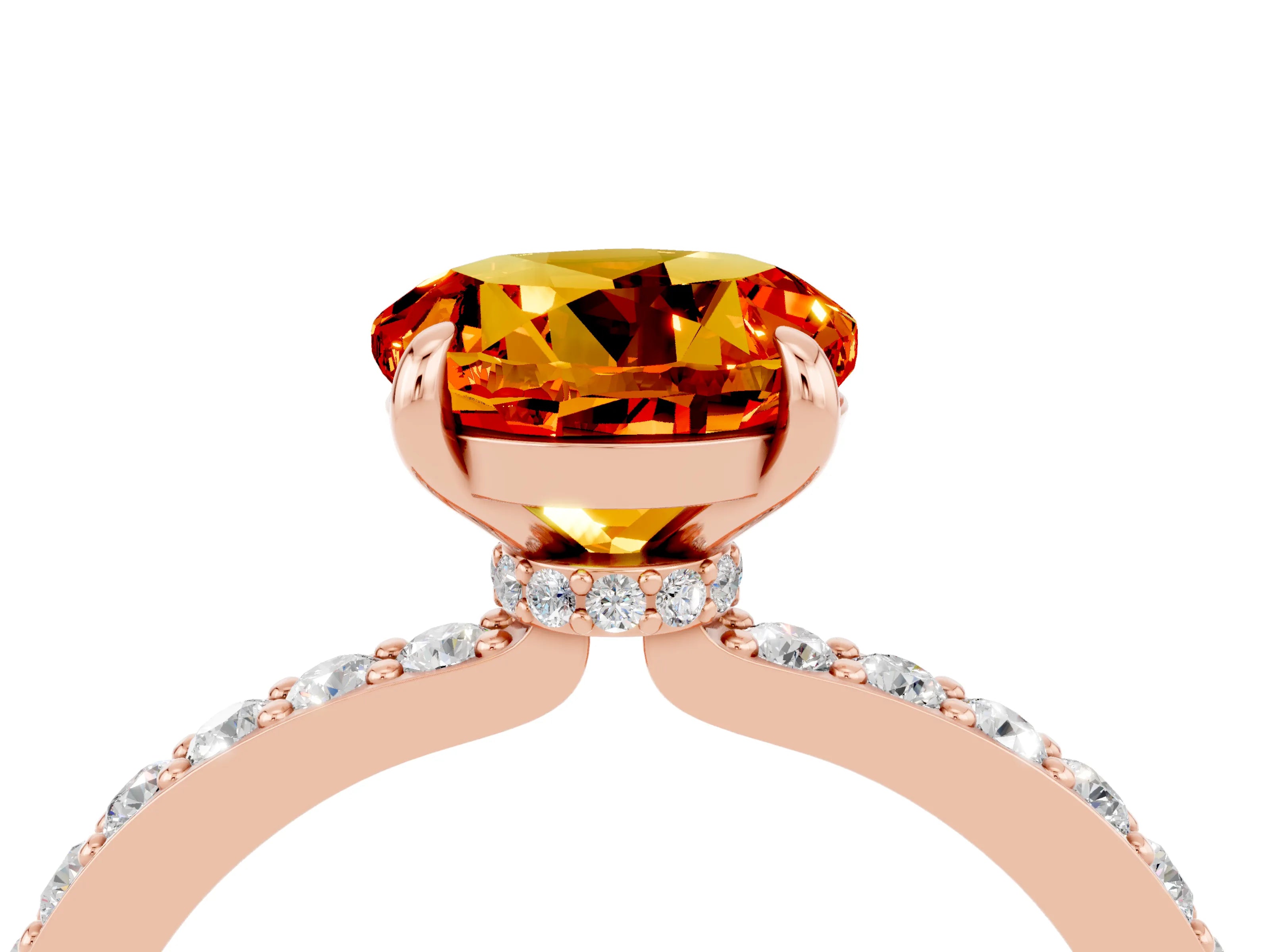 Rose gold Round Cut Citrine Ring with Pavé Band and Four-Prong Setting_4