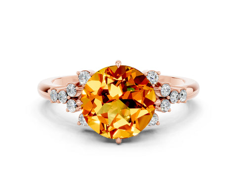 Rose gold Round Cut Citrine Ring with Side Stones and Four-Prong Setting_36