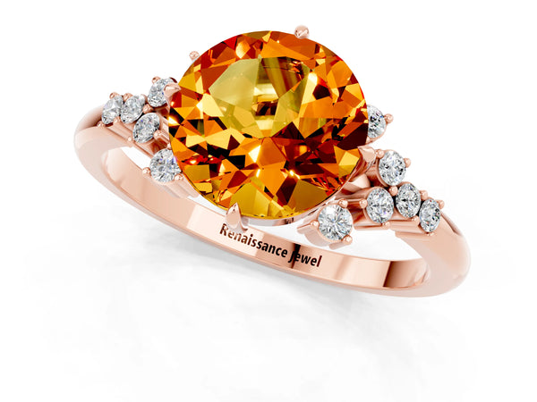Rose gold Round Cut Citrine Ring with Side Stones and Four-Prong Setting