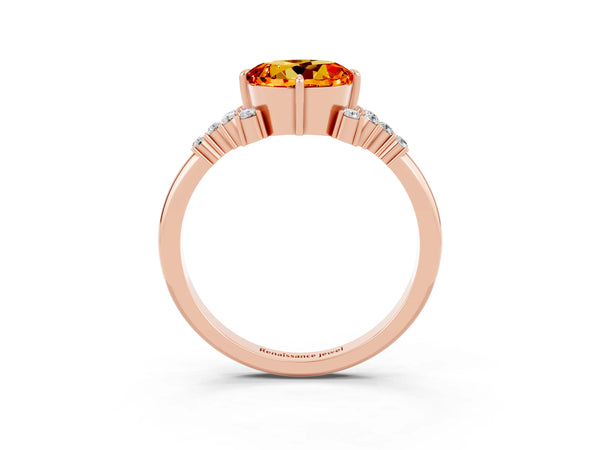 Rose gold Round Cut Citrine Ring with Side Stones and Four-Prong Setting