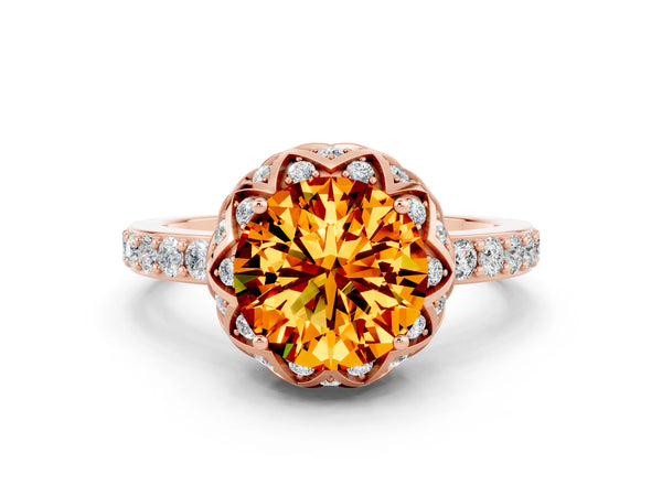 Rose gold Round Cut Citrine Scalloped Halo Engagement Ring with Round Shared Prong Band