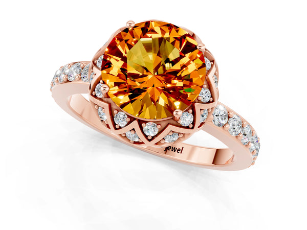 Rose gold Round Cut Citrine Scalloped Halo Engagement Ring with Round Shared Prong Band