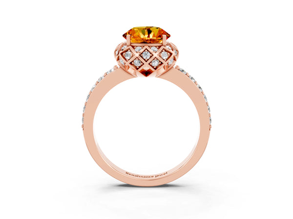 Rose gold Round Cut Citrine Scalloped Halo Engagement Ring with Round Shared Prong Band