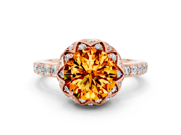 Rose gold Round Cut Citrine Scalloped Halo Engagement Ring with Round Shared Prong Band