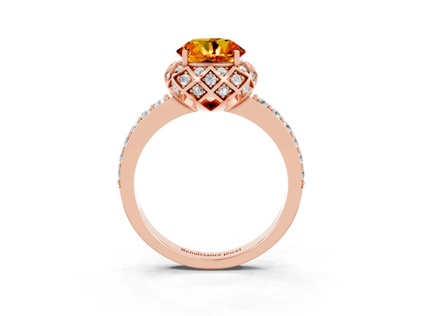 Rose gold Round Cut Citrine Scalloped Halo Engagement Ring with Round Shared Prong Band