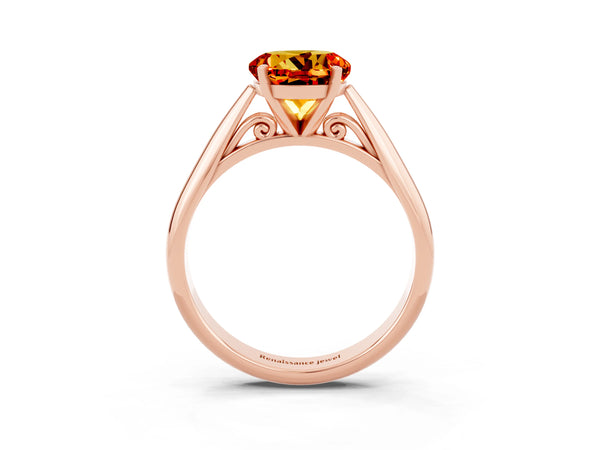 Rose gold Round Cut Citrine Solitaire Engagement Ring with Cathedral Setting and Four-Prong Mount