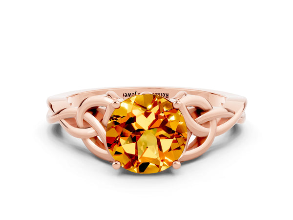 Rose gold Round Cut Citrine Solitaire Engagement Ring with Celtic Knot Band and Four-Prong Setting