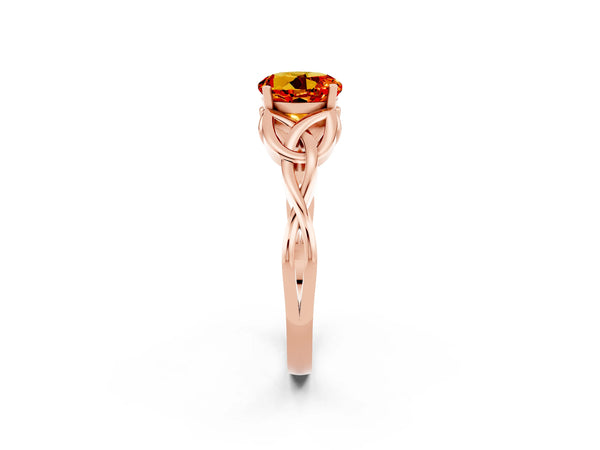Rose gold Round Cut Citrine Solitaire Engagement Ring with Celtic Knot Band and Four-Prong Setting