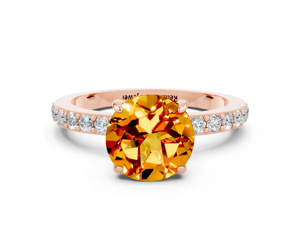 Rose gold Round Cut Citrine Solitaire Engagement Ring with Pavé Band and Four-Prong Setting
