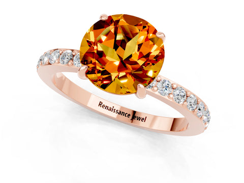 Rose gold Round Cut Citrine Solitaire Engagement Ring with Pavé Band and Four-Prong Setting_1