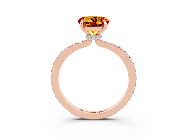 Rose gold Round Cut Citrine Solitaire Engagement Ring with Pavé Band and Four-Prong Setting