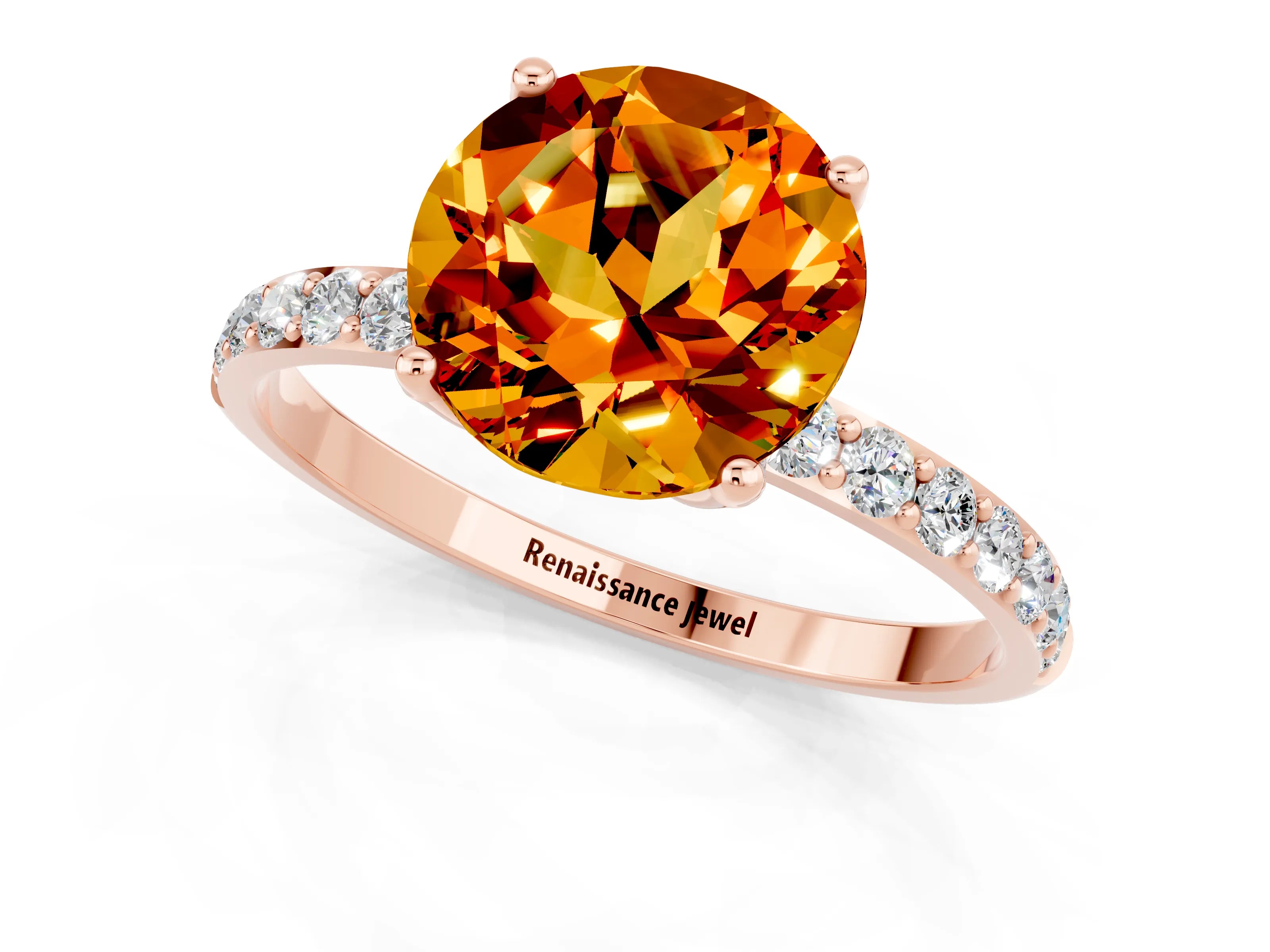 Rose gold Round Cut Citrine Solitaire Engagement Ring with Pavé Band and Prong Setting_1