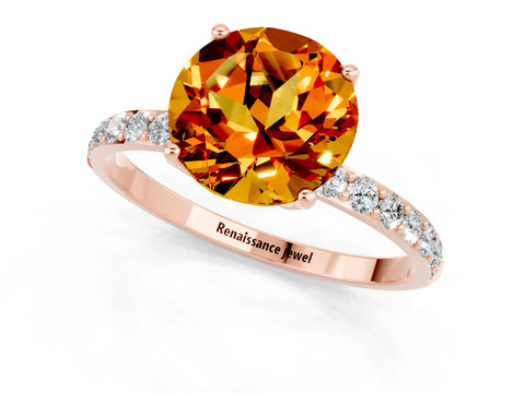 Rose gold Round Cut Citrine Solitaire Engagement Ring with Pavé Band and Prong Setting_1