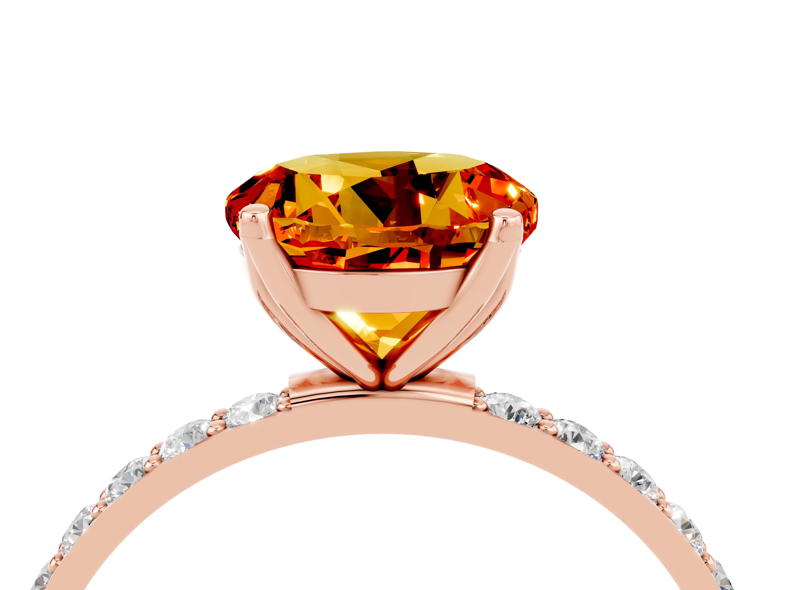 Rose gold Round Cut Citrine Solitaire Engagement Ring with Pavé Band and Prong Setting_4