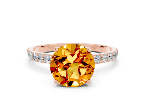 Rose gold Round Cut Citrine Solitaire Engagement Ring with Pavé Band and Prong Setting
