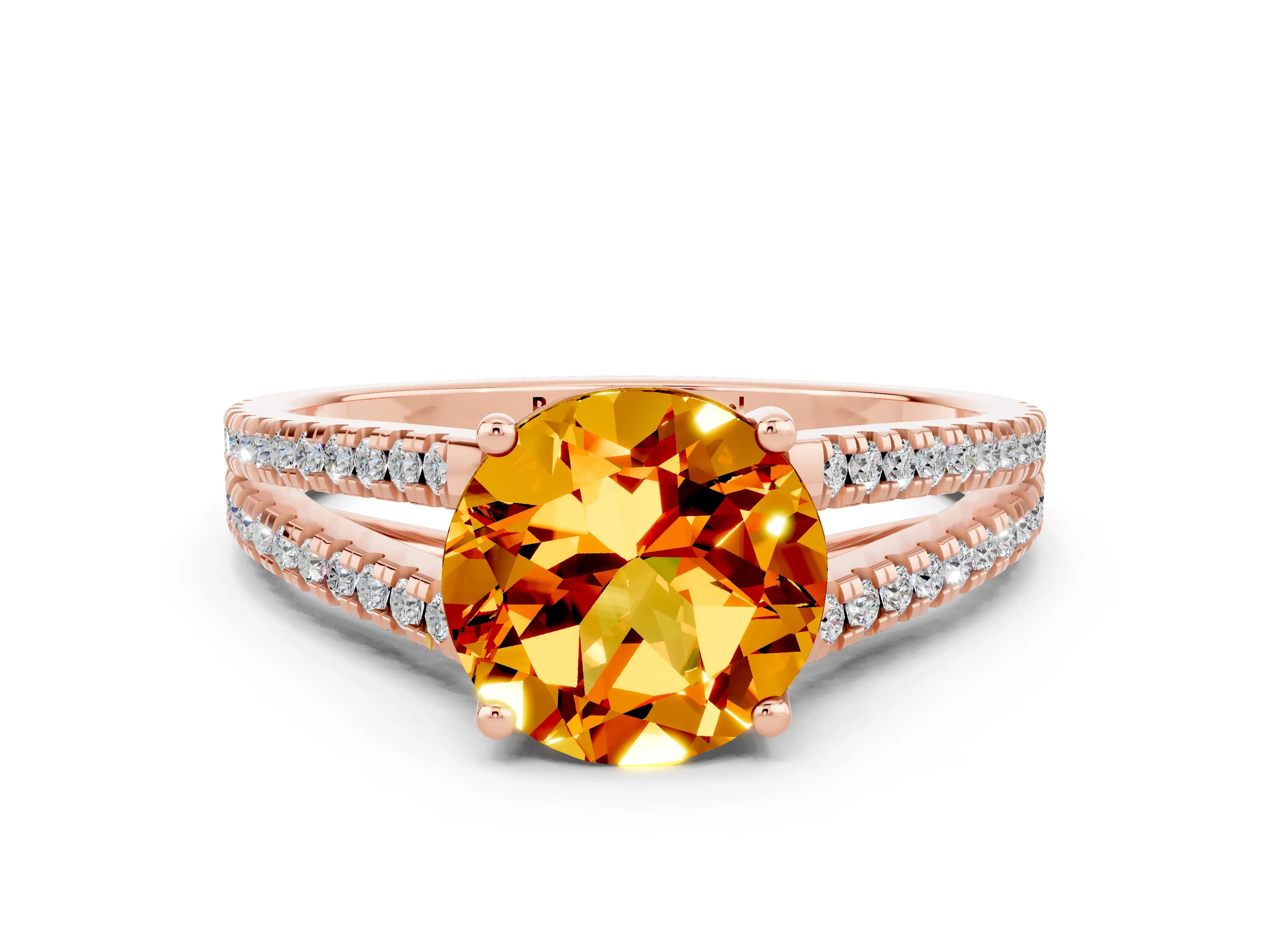 Rose gold Round Cut Citrine Solitaire Engagement Ring with Split Shank Pavé Band