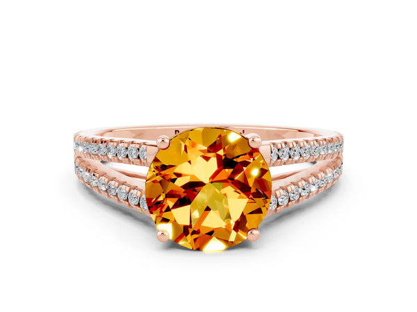 Rose gold Round Cut Citrine Solitaire Engagement Ring with Split Shank Pavé Band
