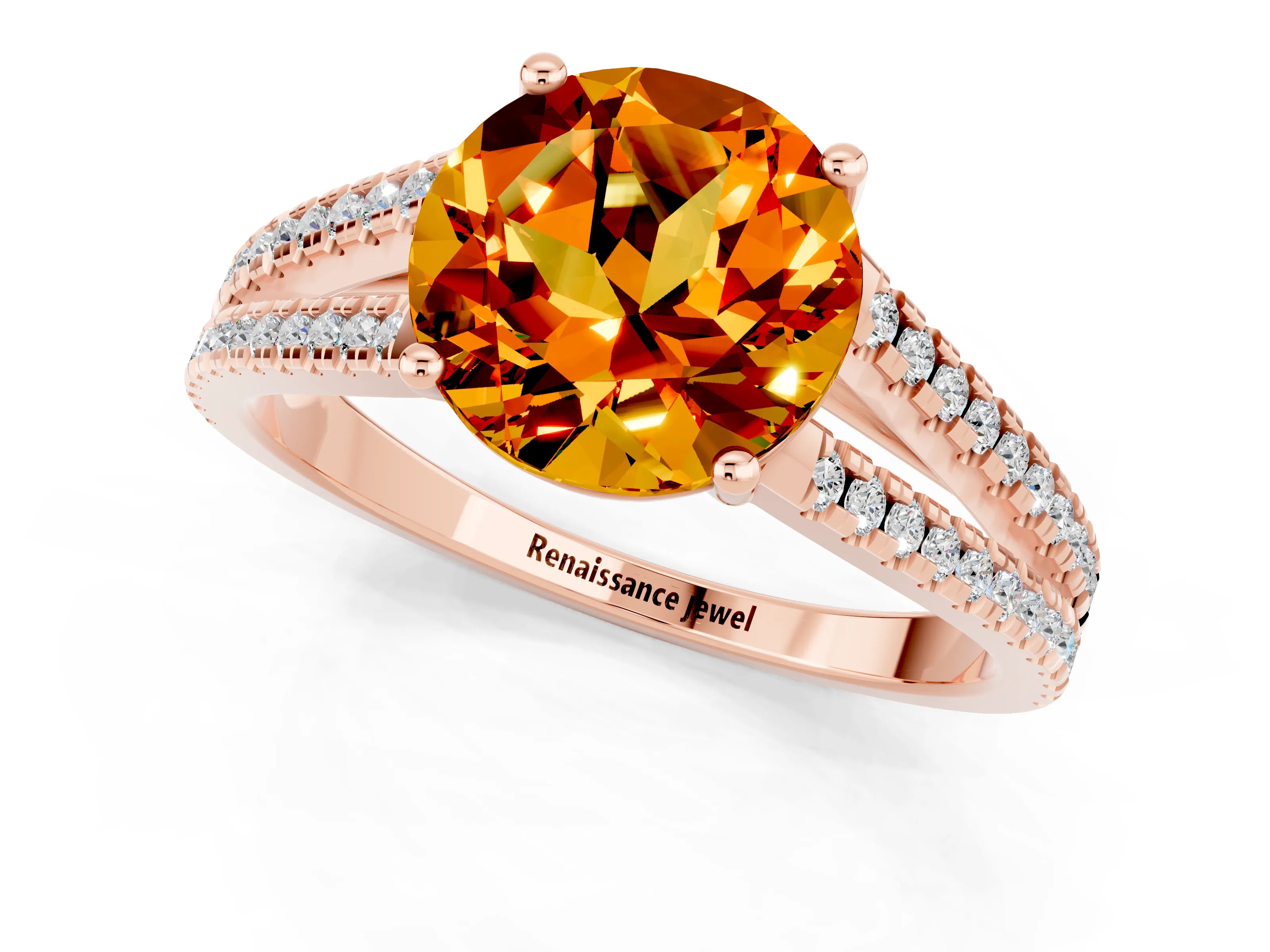 Rose gold Round Cut Citrine Solitaire Engagement Ring with Split Shank Pavé Band_1