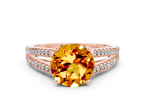 Rose gold Round Cut Citrine Solitaire Engagement Ring with Split Shank Pavé Band