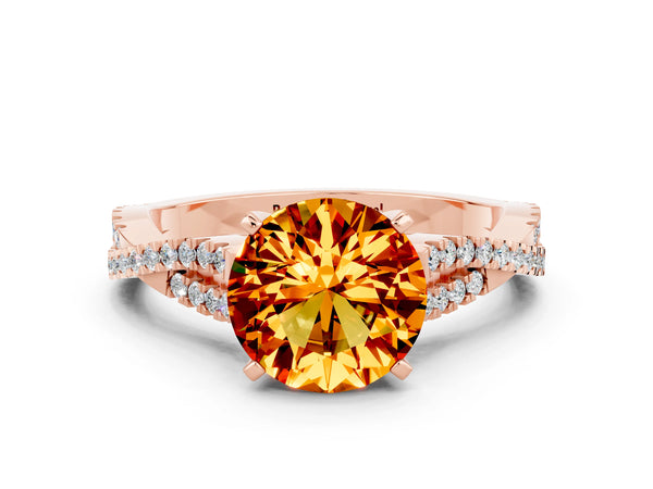 Rose gold Round Cut Citrine Solitaire Engagement Ring with Twisted Pavé Band and Four-Prong Setting