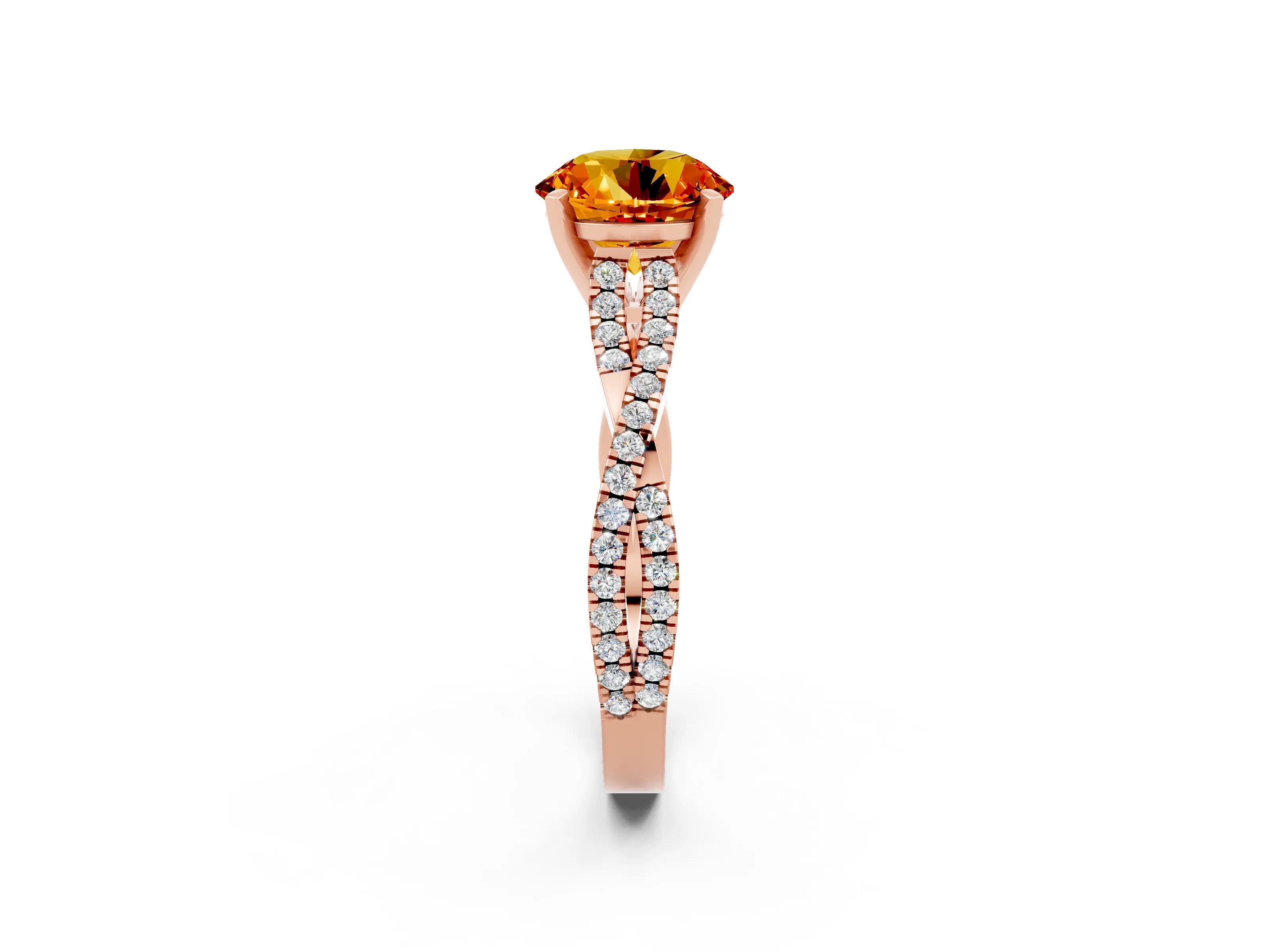 Rose gold Round Cut Citrine Solitaire Engagement Ring with Twisted Pavé Band and Four-Prong Setting_14