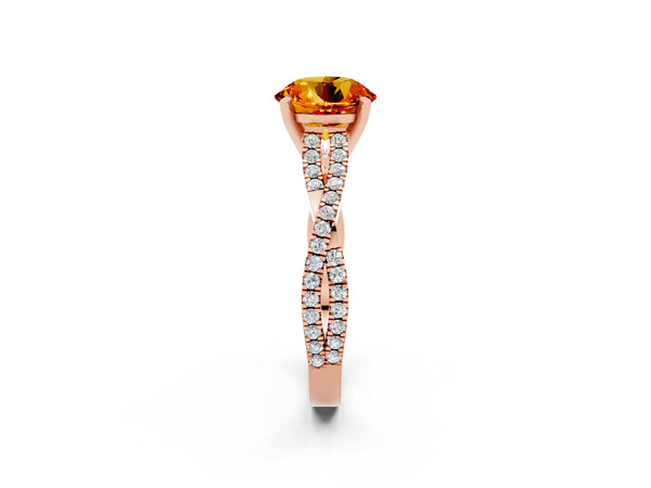 Rose gold Round Cut Citrine Solitaire Engagement Ring with Twisted Pavé Band and Four-Prong Setting