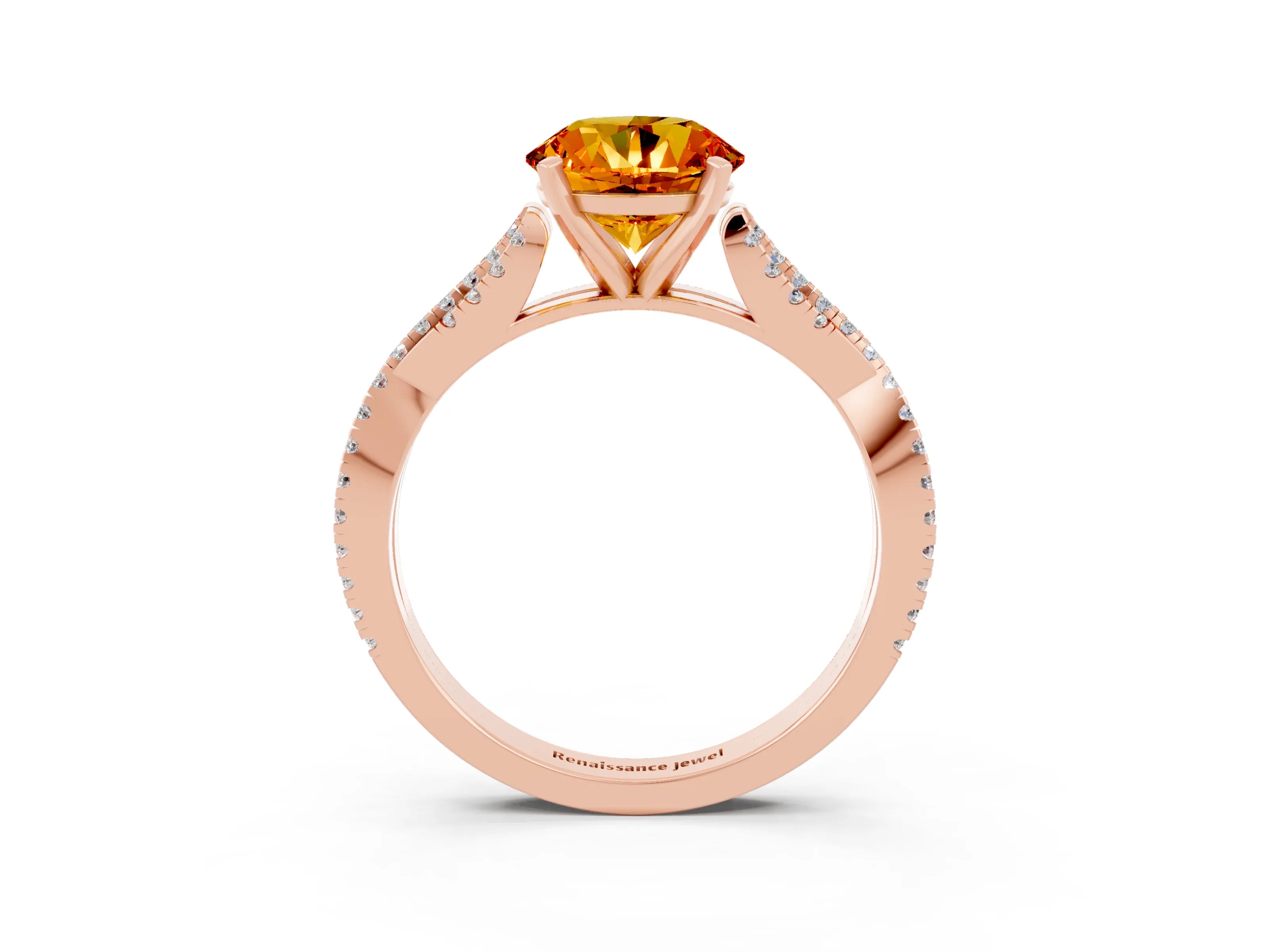 Rose gold Round Cut Citrine Solitaire Engagement Ring with Twisted Pavé Band and Four-Prong Setting_15