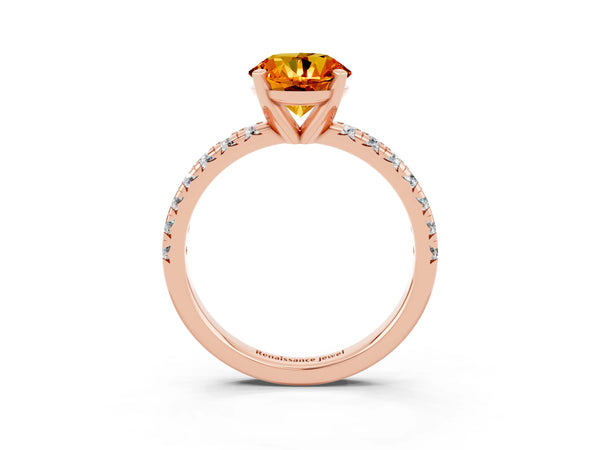 Rose gold Round Cut Citrine Solitaire Pavé Engagement Ring with Round Band and Prong Setting