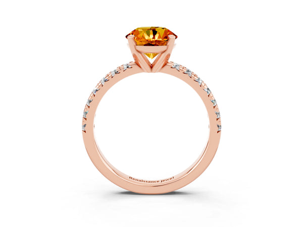 Rose gold Round Cut Citrine Solitaire Pavé Engagement Ring with Round Band and Prong Setting