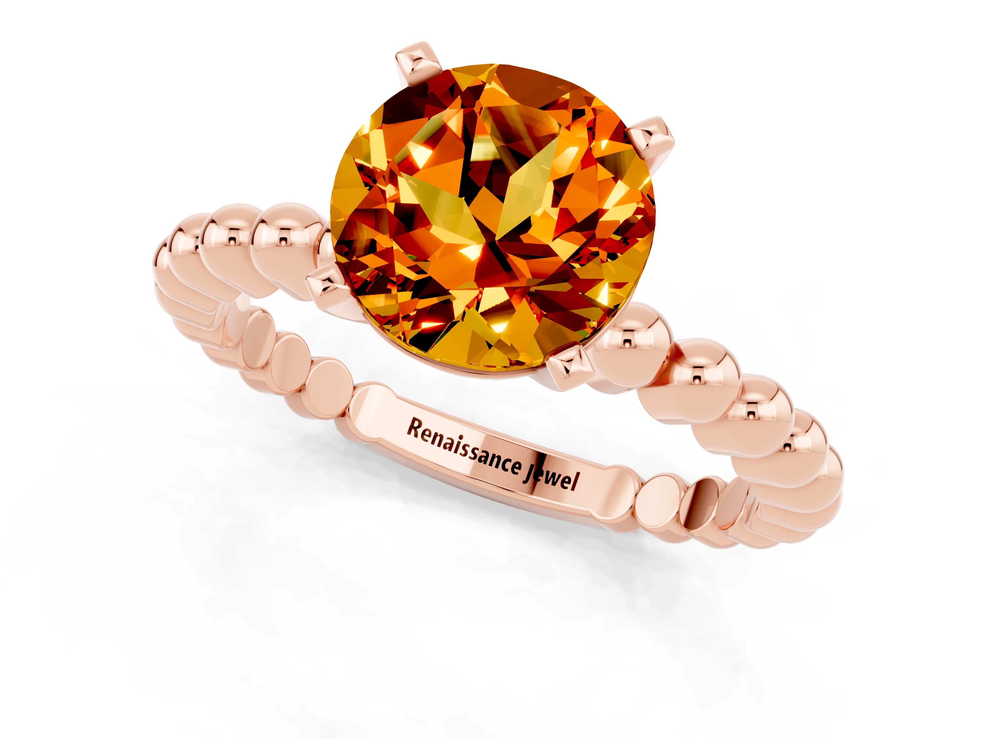 Rose gold Round Cut Citrine Solitaire Ring with Beaded Band and Prong Setting_1
