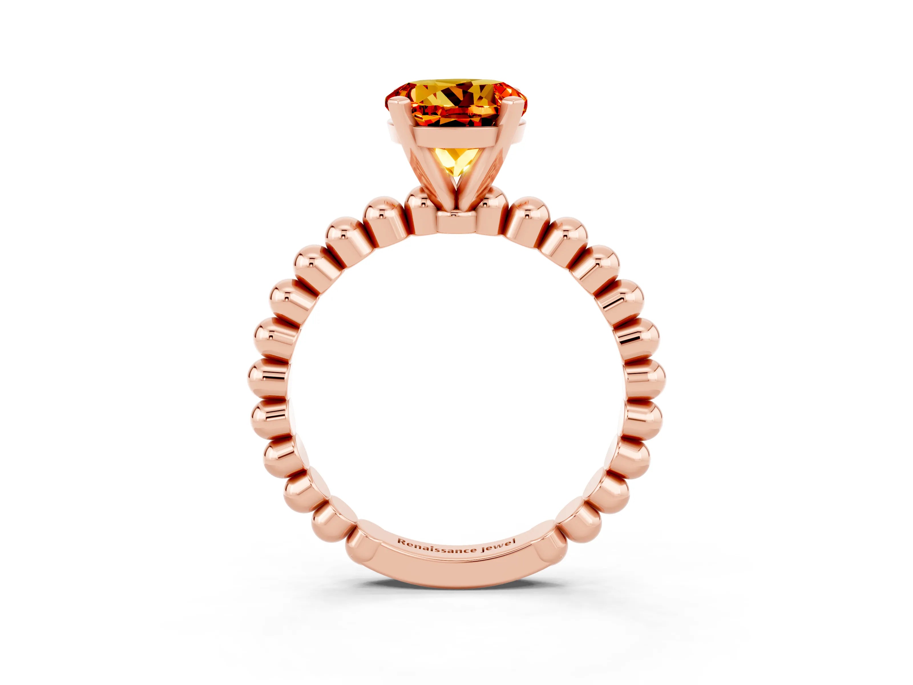 Rose gold Round Cut Citrine Solitaire Ring with Beaded Band and Prong Setting_3