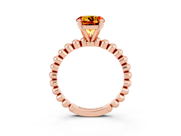 Rose gold Round Cut Citrine Solitaire Ring with Beaded Band and Prong Setting