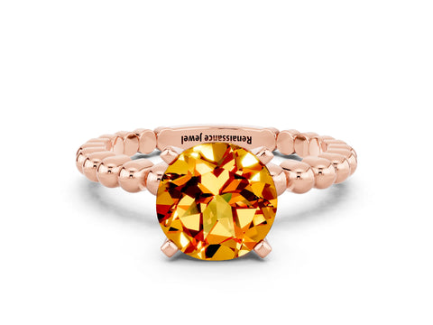 Rose gold Round Cut Citrine Solitaire Ring with Beaded Band and Prong Setting