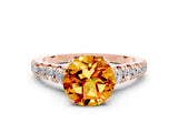 Rose gold Round Cut Citrine Solitaire Ring with Cathedral Setting and Pavé Band