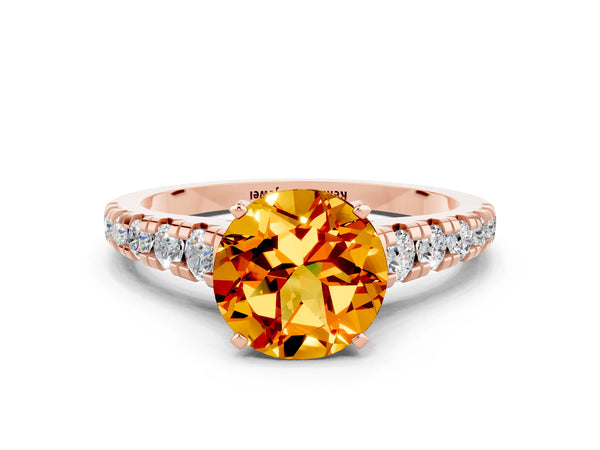 Rose gold Round Cut Citrine Cathedral Solitaire Ring with Round  Pavé Band