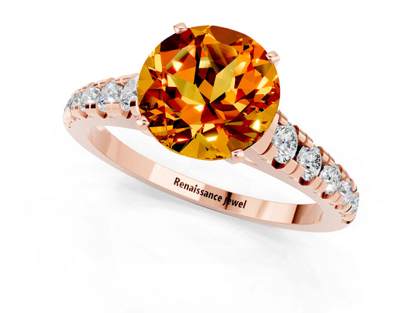 Rose gold Round Cut Citrine Cathedral Solitaire Ring with Round  Pavé Band