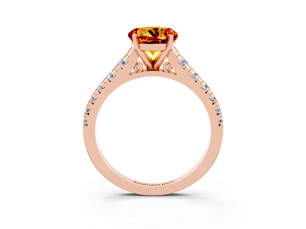 Rose gold Round Cut Citrine Cathedral Solitaire Ring with Round  Pavé Band