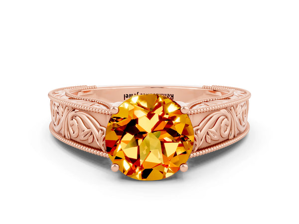 Rose gold Round Cut Citrine Solitaire Ring with Engraved Band and Four-Prong Setting