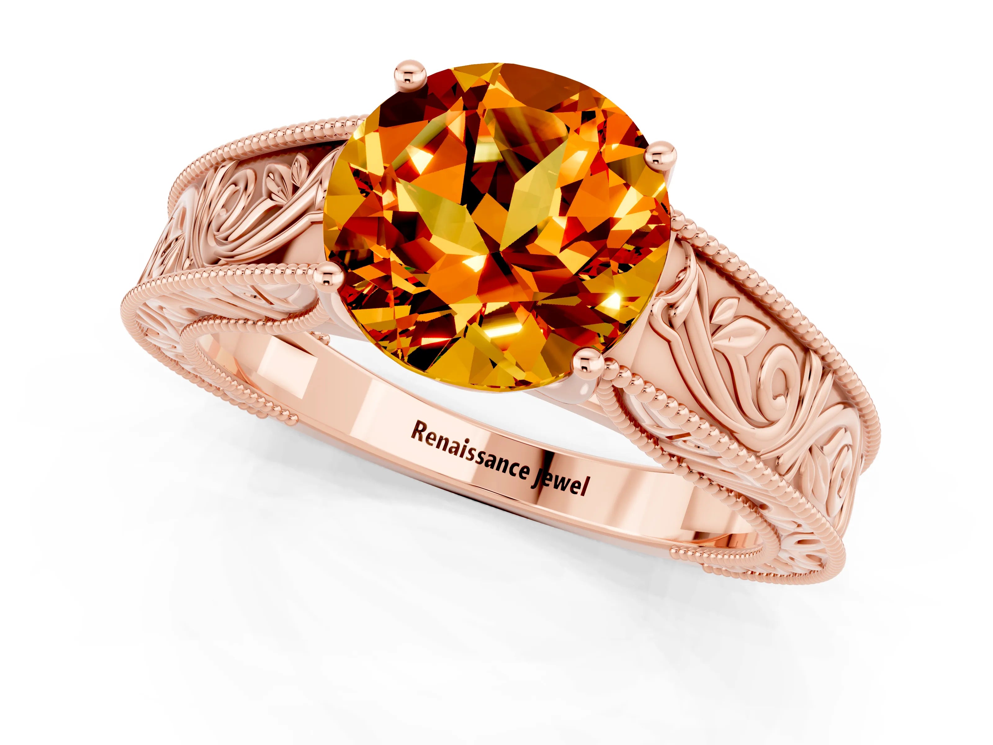 Rose gold Round Cut Citrine Solitaire Ring with Engraved Band and Four-Prong Setting_1