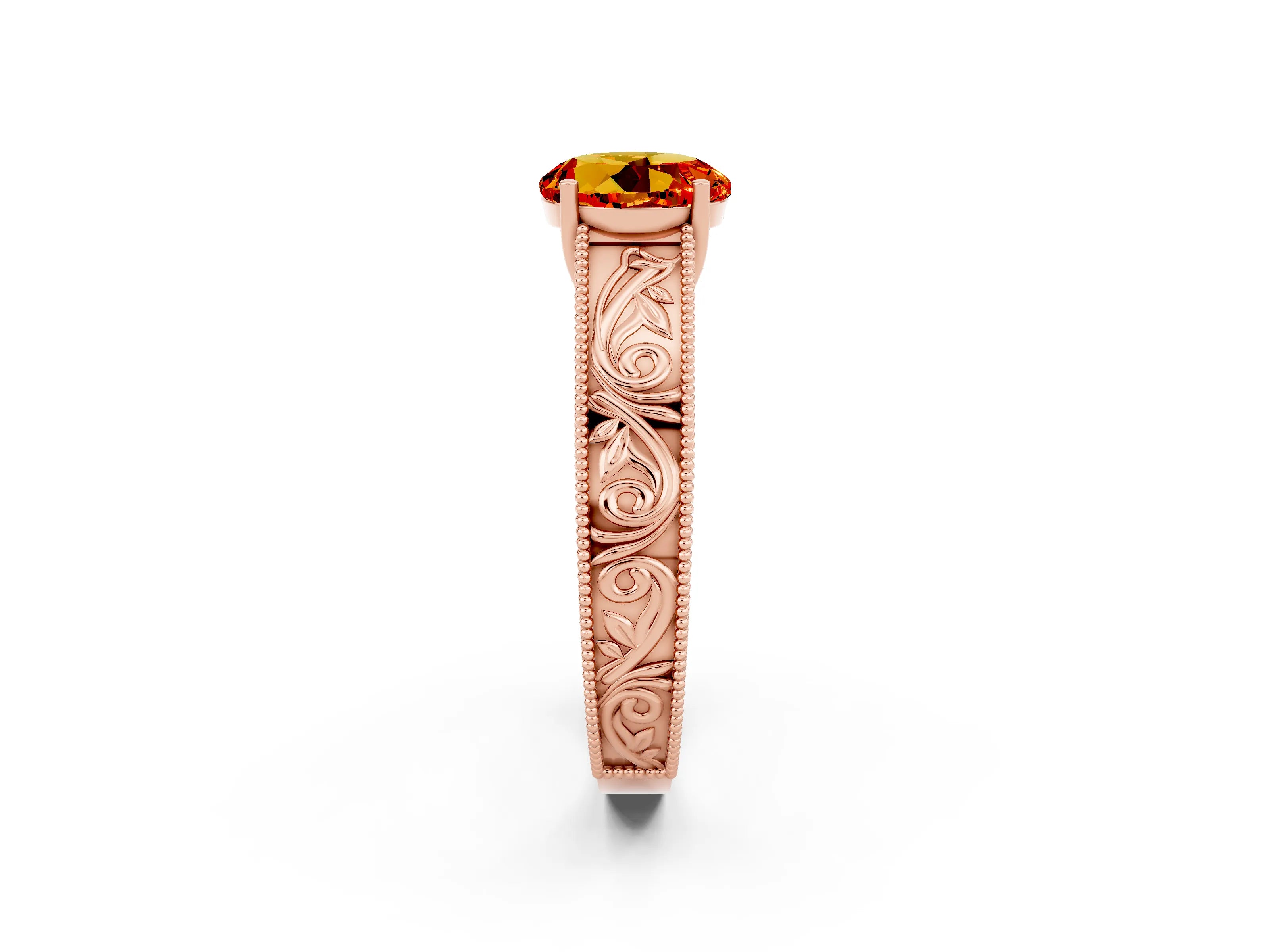 Rose gold Round Cut Citrine Solitaire Ring with Engraved Band and Four-Prong Setting_2