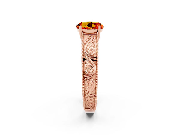 Rose gold Round Cut Citrine Solitaire Ring with Engraved Band and Four-Prong Setting