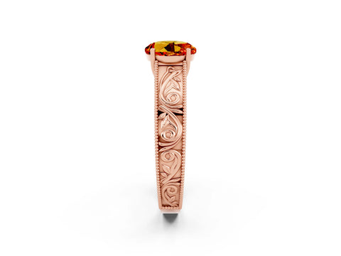 Rose gold Round Cut Citrine Solitaire Ring with Engraved Band and Four-Prong Setting_2