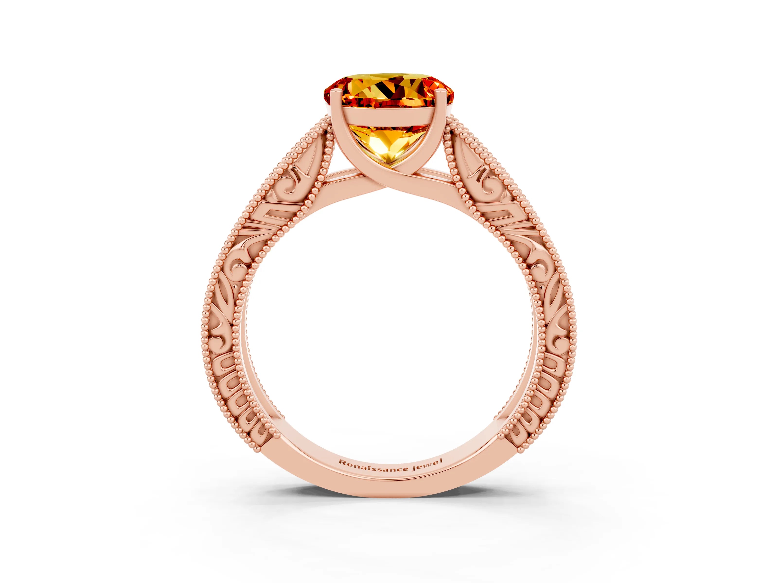 Rose gold Round Cut Citrine Solitaire Ring with Engraved Band and Four-Prong Setting_3