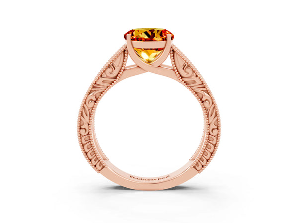 Rose gold Round Cut Citrine Solitaire Ring with Engraved Band and Four-Prong Setting