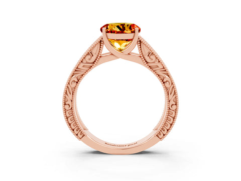 Rose gold Round Cut Citrine Solitaire Ring with Engraved Band and Four-Prong Setting_3