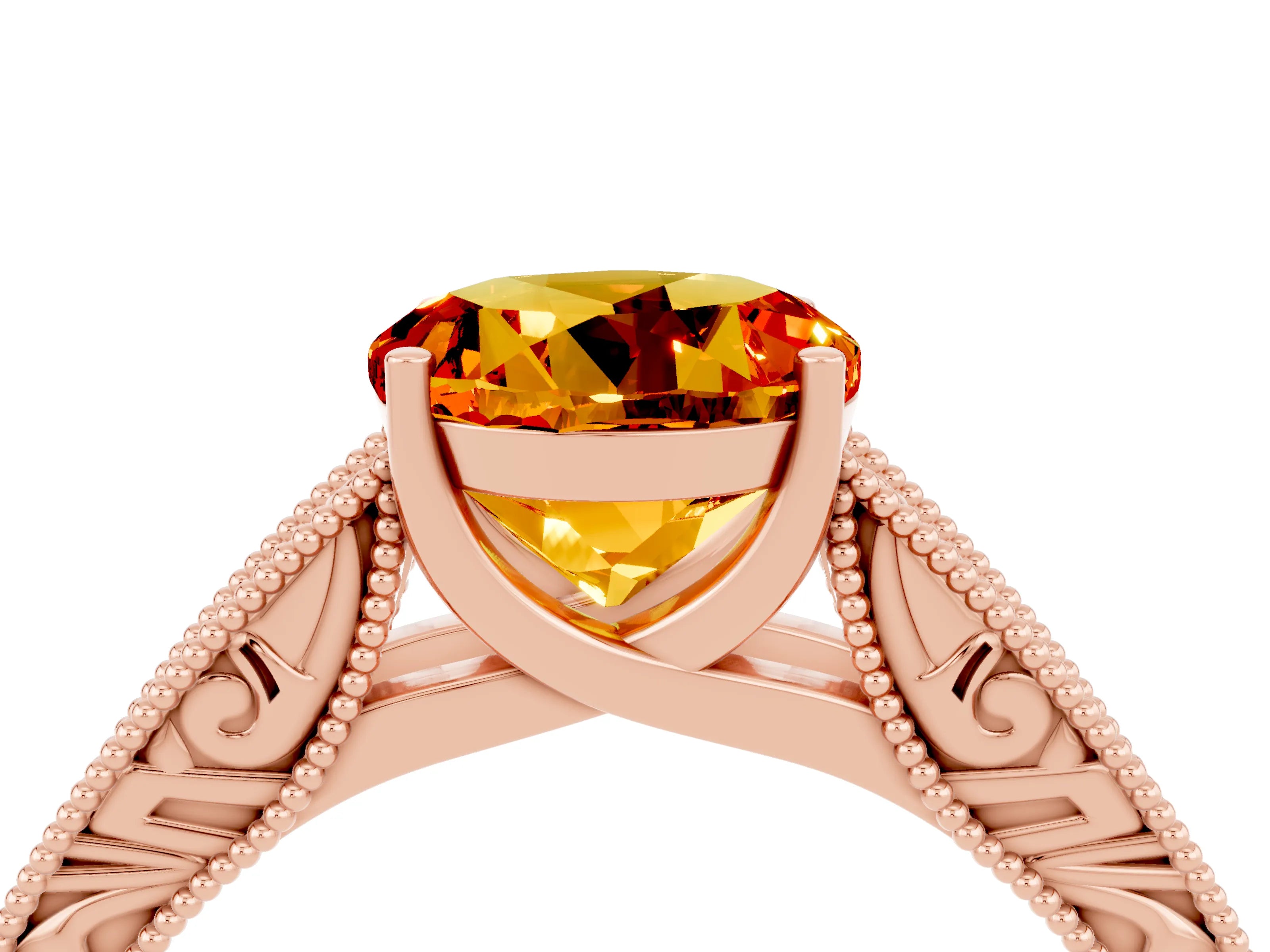 Rose gold Round Cut Citrine Solitaire Ring with Engraved Band and Four-Prong Setting_4
